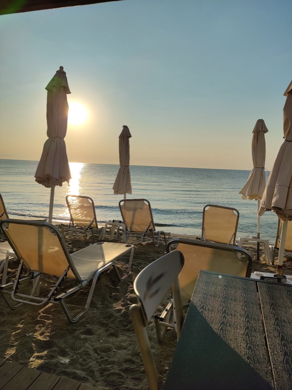 Sunset over the beach in Paralia Katerinis